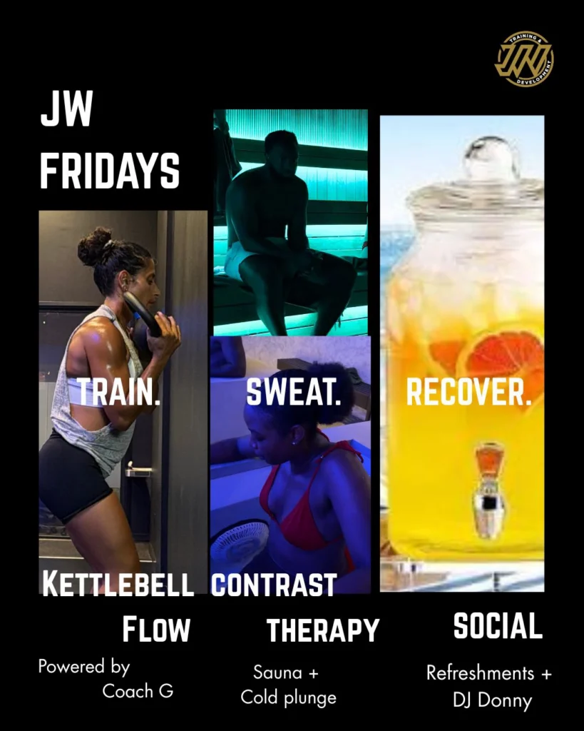 Three panels: woman doing kettlebell exercises, two people in a sauna and cold plunge, drink dispenser with fruit water. Text: JW Fridays: Train. Sweat. Recover. Kettlebell Flow, Contrast Therapy, Social. Powered by Coach G. Discover more on our Event Page for all the latest JW Events and Special Events!.