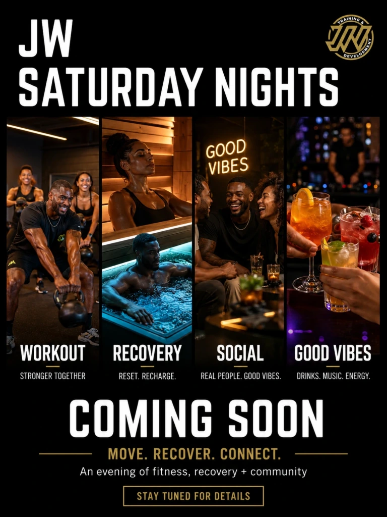 Four panels show people working out, relaxing in a hot tub, socializing, and enjoying colorful drinks. Text reads: JW Saturday Nights. Workout. Recovery. Social. Good Vibes. Coming Soon. Move. Recover. Connect. Experience unforgettable moments at JW Special Events—where every Saturday night brings new ways to move, recover, and connect with good vibes all around.