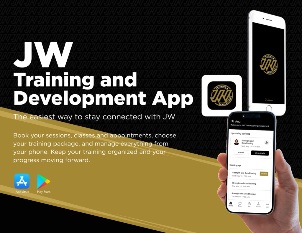 Promotional graphic for the JW Training and Development App, showing the app interface on a smartphone, app icons, and text describing its global features for booking sessions and managing training. The design also incorporates the JW Footer for consistent branding.